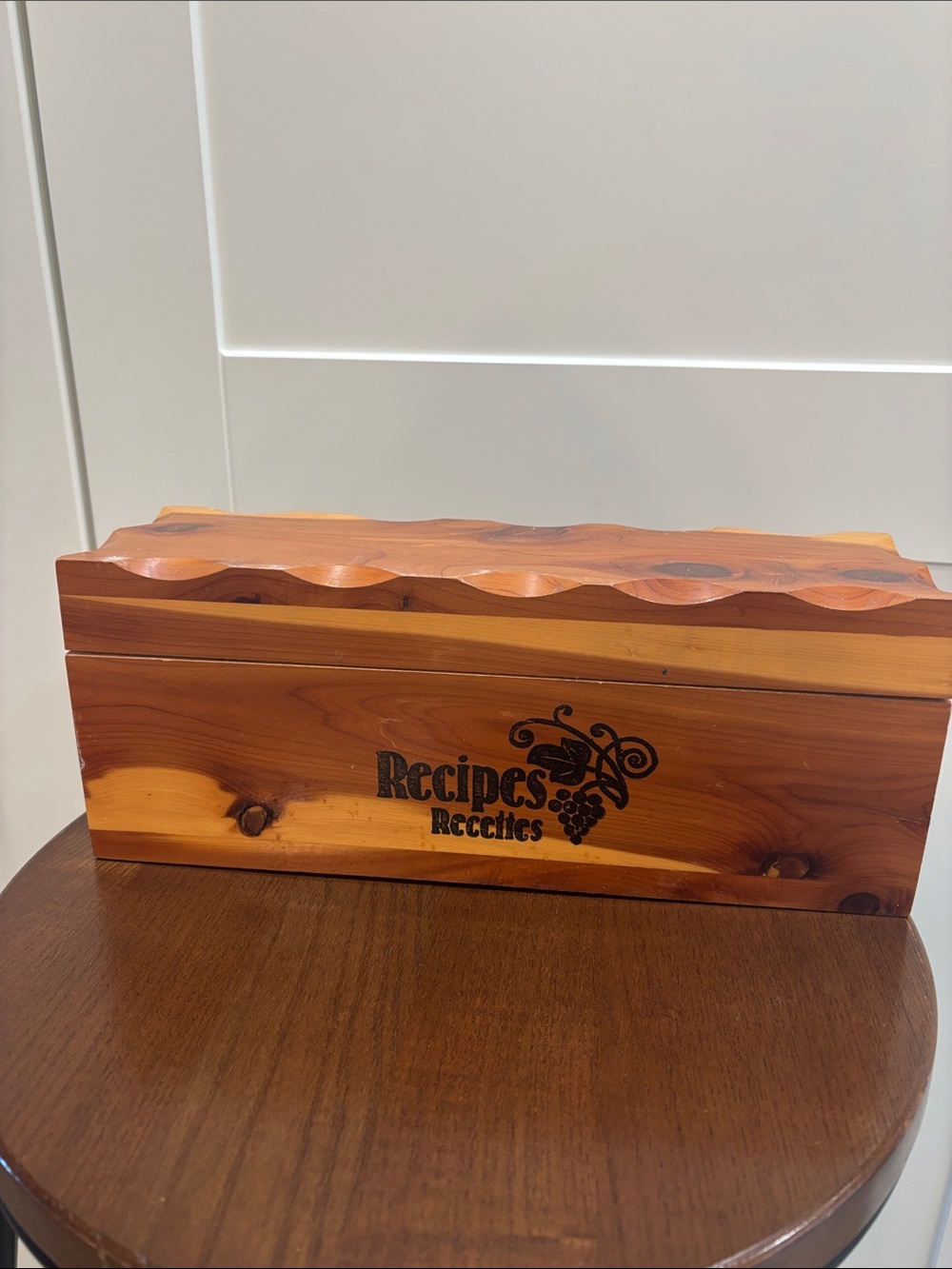 Wooden Recipe Box with Carved Lid - Natural Wood Tone